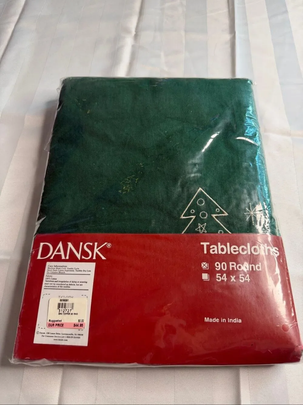 DANSK Green Christmas Tree 100% Cotton Round Tablecloth 90” NWT